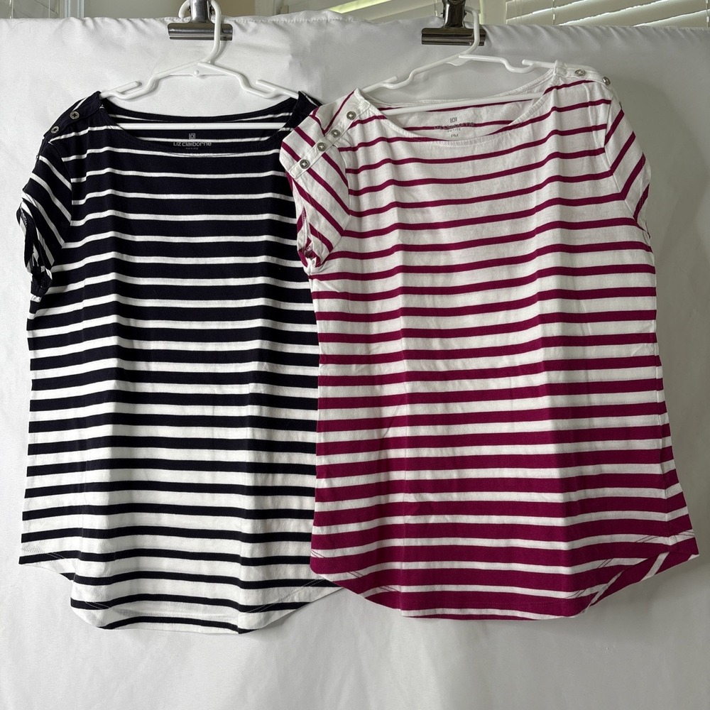 2 Liz Claiborne‎ Women's PM Striped T-shirts Casual Pink Blue White